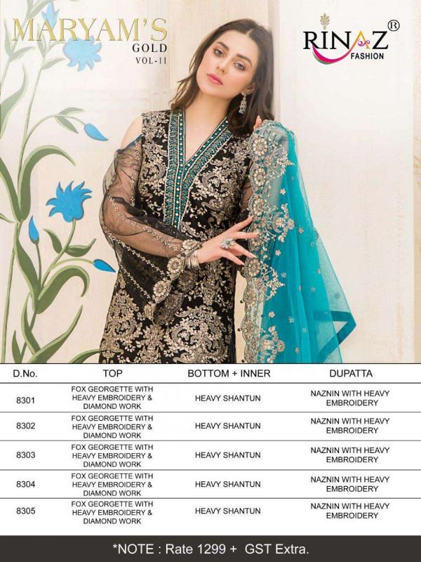 Rinaz Maryam's Gold 11 Designer Georgette Embridery Pakistani Salwar 